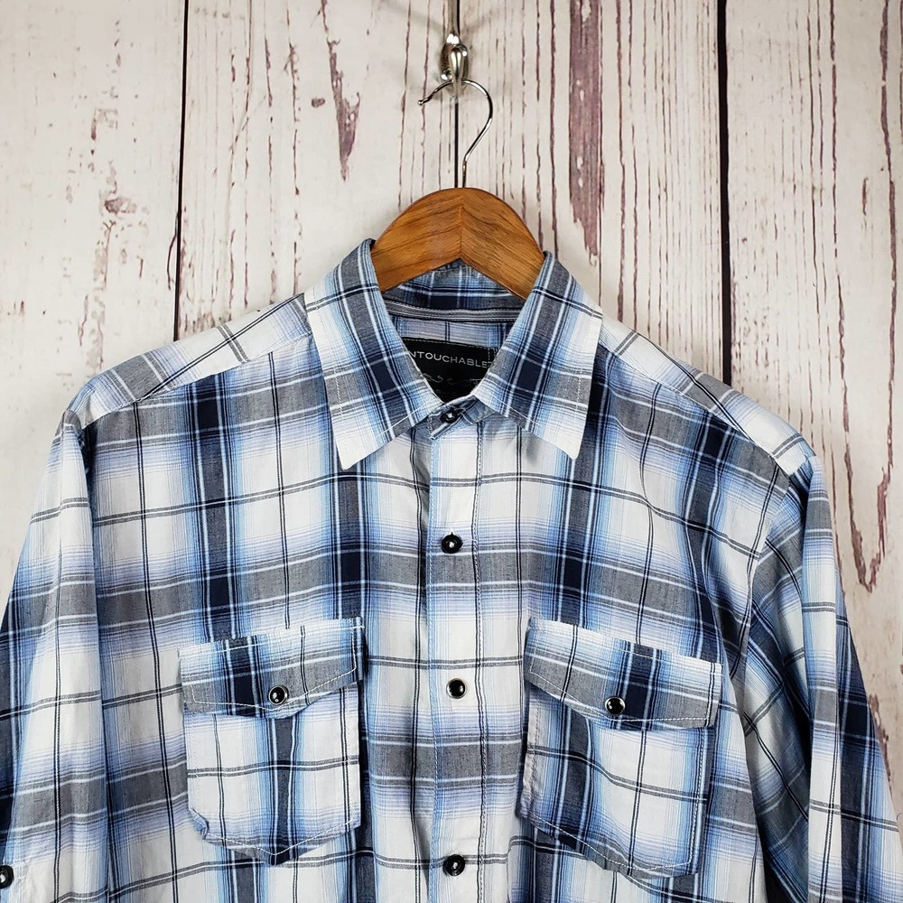 Untouchable Button Down Shirts Mens Size L Plaid Roll Tab Sleeves Blue